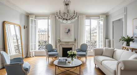 Fototapeta premium Chic Parisian apartment living room with white sofa blue chairs background full hd download 2025 2026