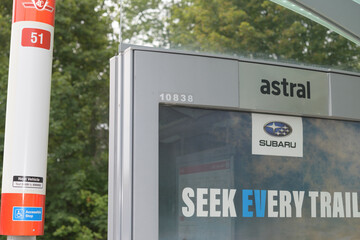Naklejka premium TTC #51 bus stop and Subaru car poster (Astral Out-of-Home, a division of Bell Media, manages advertising on Toronto’s transit shelters)