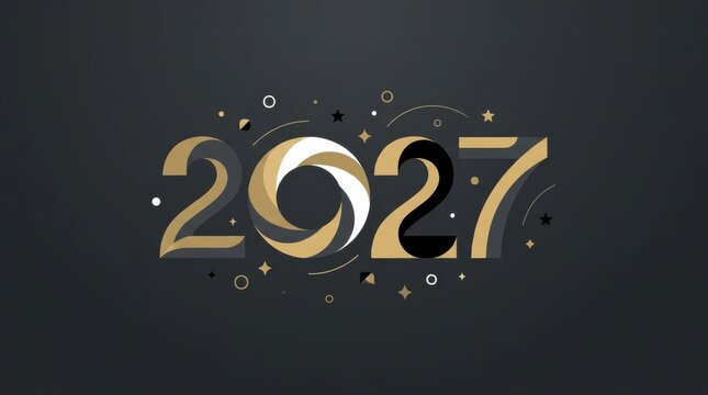 Elegant 2027 New Year background featuring geometric typography in luxury gold and black colors with festive stars for celebration banners.
