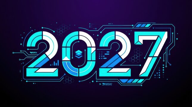 Futuristic 2027 text design with digital circuit board style neon blue lines for technology science or web software development concept art.