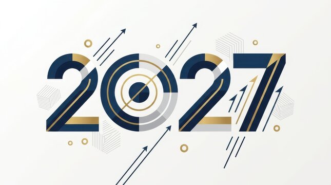 Professional 2027 number typography with target icon and ascending arrows for business growth and strategic planning performance concept.