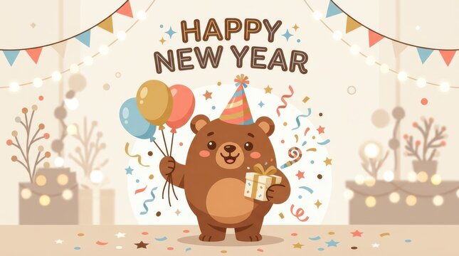 Cute cartoon brown bear celebrates happy new year holding balloons and gift box surrounded by confetti garlands and warm party decorations.