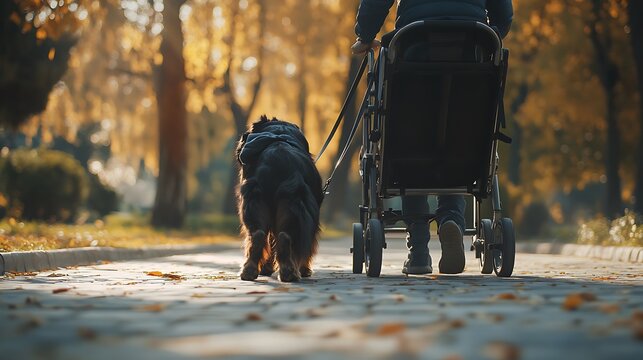 Trained service dog walking beside wheelchair user on pavement high resolution picture