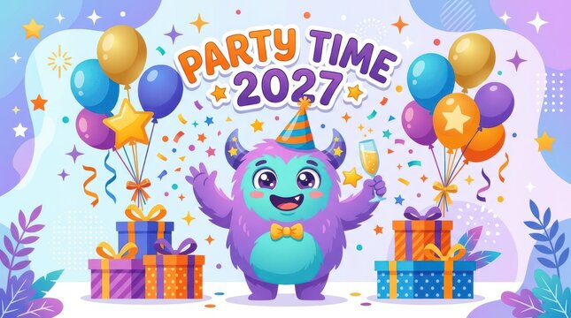 Cute purple monster character with party balloons and colorful presents celebrating new year 2027 design for holiday cards or web banners.