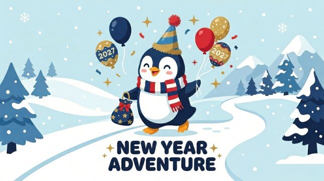 Adorable cartoon penguin wearing winter scarf walking on snow pathway with festive balloons for New Year Adventure template design.