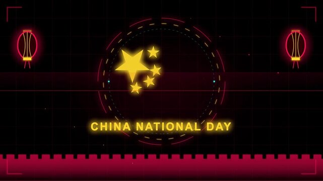 Neon China national day greeting text featuring yellow star symbol red lantern digital wall over dark grid background creating modern motion graphic video loop animation template design.