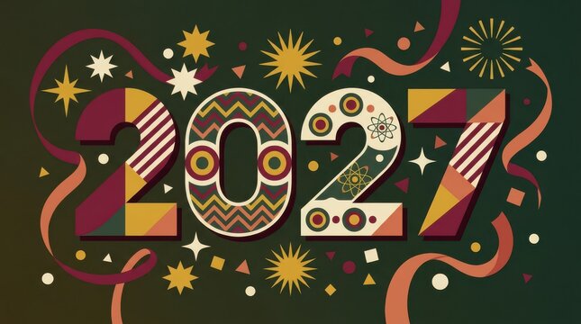 Retro patterned 2027 text design with folk art geometric ornaments and colorful ribbons over a dark green background for holiday decor.
