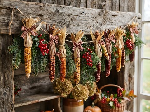 Rustic fall garland with dried corn cobs, pine branches, and red berries hanging on a weathered wooden mantelpiece for thanksgiving and autumn home decor