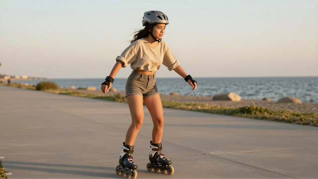 Young woman rollerblading on a beach promenade at sunset. She enjoys an active lifestyle, wearing a helmet and wrist guard. Perfect for health and wellness themes