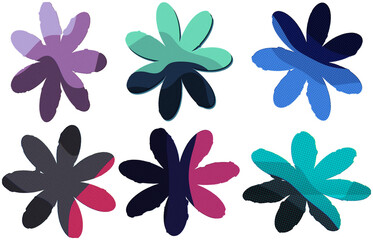 Fototapeta premium A retro risograph-style set of colorful clover flowers with halftone textures and layered cutout petals.