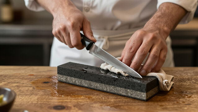 Professional chef sharpening a steel knife on a whetstone in a commercial kitchen. Close-up view of hands meticulously honing the blade for precision cutting