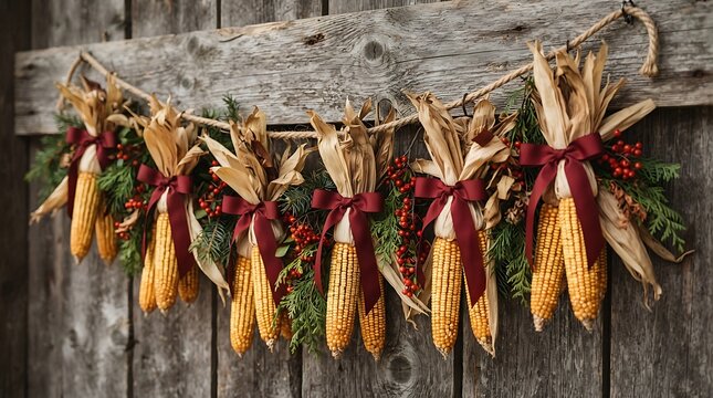 Rustic fall harvest garland featuring dried corn cobs, evergreen branches, and red berries tied with elegant burgundy ribbons, hanging against a weathered wooden wall
