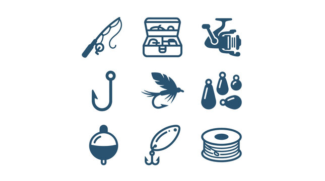 Collection of fishing gear icons on white background