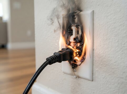 Electrical outlet on fire with smoke and sparks coming from a plugged in power cord representing a dangerous household electrical hazard or short circuit emergency