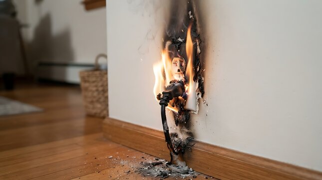 Electrical outlet on fire with smoke and sparks, showing a dangerous short circuit and fire hazard in a residential home interior setting