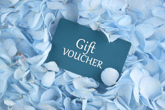 Blue Gift voucher with flowers on a light background