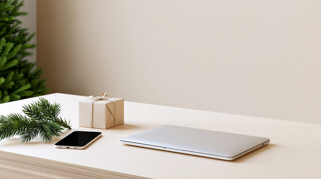 Modern workspace featuring a silver laptop, smartphone, gift box, and pine branch on a light wooden table with a Christmas tree in the background