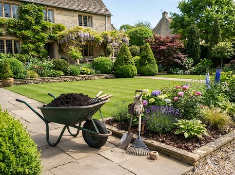 Gardening tools and a wheelbarrow filled with soil on a stone patio in a lush, beautifully landscaped english cottage garden on a sunny spring day