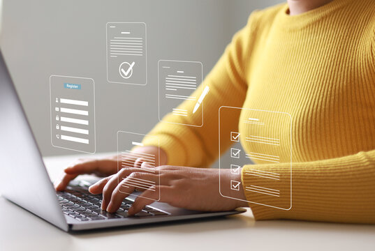 Completing online surveys; registering via the online registration form; registering as a new user; filling out the application form with personal information to create an account on the website.