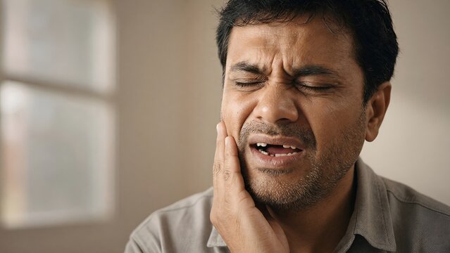 Middle-aged Man Suffering from Severe Toothache While Holding His Cheek in Pain