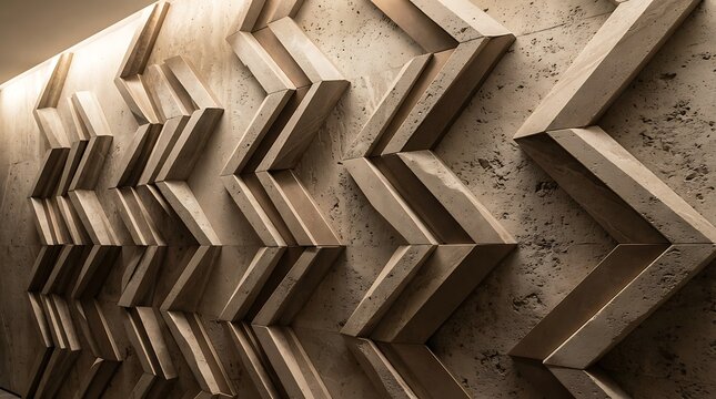 Modern architectural wall with geometric chevron pattern, featuring textured concrete panels and dramatic warm lighting creating deep shadows and a sophisticated industrial aesthetic