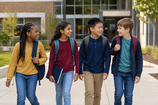 Children returning to school with backpacks