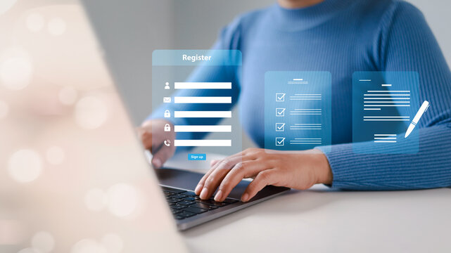 Completing online surveys; registering via the online registration form; registering as a new user; filling out the application form with personal information to create an account on the website.