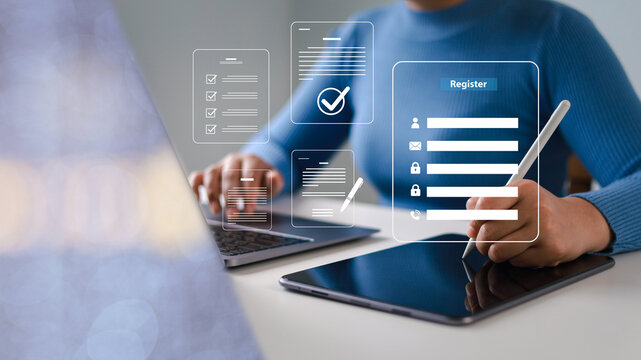 Completing online surveys; registering via the online registration form; registering as a new user; filling out the application form with personal information to create an account on the website.