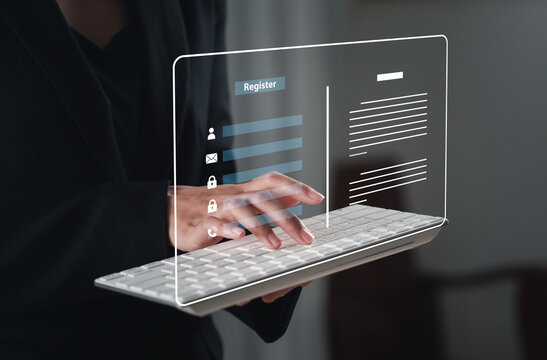 Completing online surveys; registering via the online registration form; registering as a new user; filling out the application form with personal information to create an account on the website.