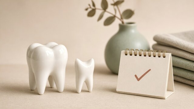 Professional Dental Appointment Planning Concept with Ceramic Teeth Models and Checklist