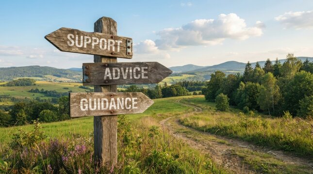 Wooden signpost with support, advice, and guidance directions