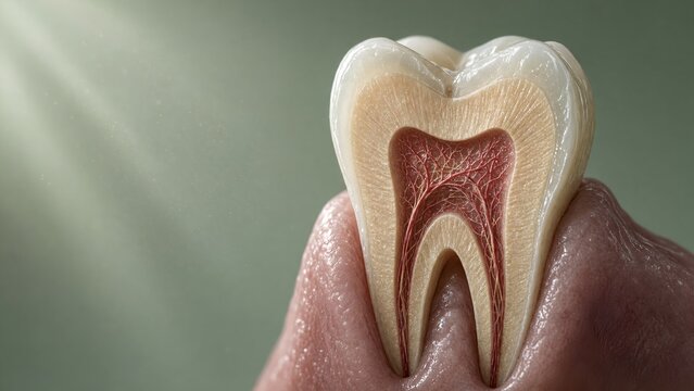 Detailed Cross Sectional View of a Human Molar Showing Anatomical Layers and Dental Pulp Structure