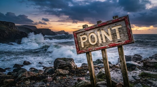 Weathered wooden sign labeled point at a rocky coastal shore