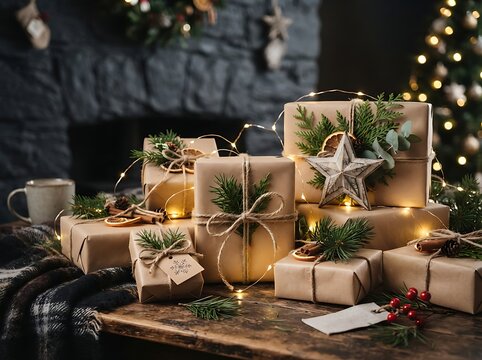 Rustic christmas gift boxes wrapped in brown paper with pine branches, dried orange slices, and fairy lights on a wooden table with a cozy fireplace background