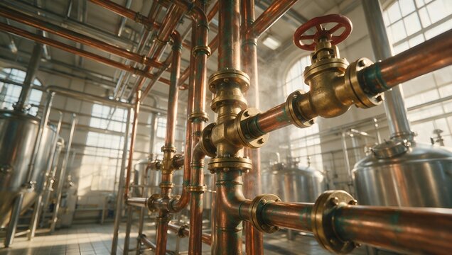 Industrial Brewery Interior Featuring Polished Copper Pipes and Metallic Fermentation Tanks