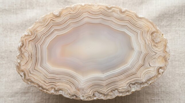 Polished slice of natural agate stone with beautiful concentric banding patterns and soft beige and white color tones