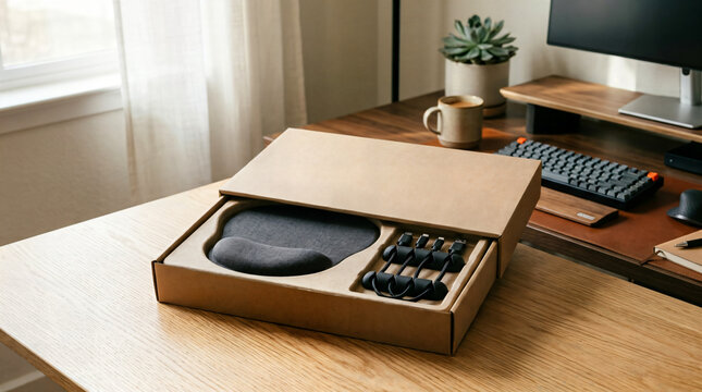 Ergonomic mouse pad and computer accessories packed neatly inside a cardboard