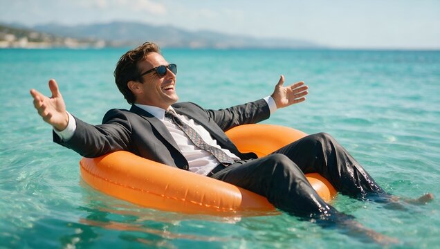 Successful Business Professional Relaxing in the Ocean on an Orange Inflatable Ring
