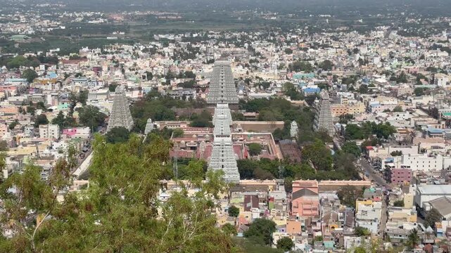  Aerial View of Arunachaleswarar Temple and Tiruvannamalai City, Tamil Nadu, India