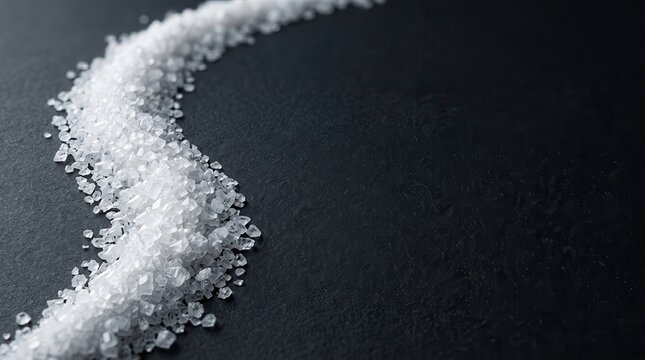 White sea salt crystals arranged in a graceful curved line on a dark textured background for culinary photography