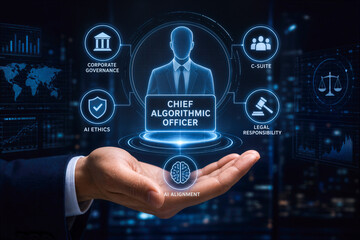 Obraz premium Rise of Chief Algorithmic Officer Fortune 500 boards mandate CAO responsible for AI ethics alignment corporate governance C-suite legal responsibility