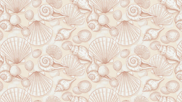 Hand drawn style seamless pattern of seashells on beige background.