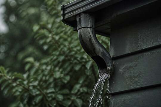 A dark downspout directs rainwater from a gutter onto the side of a building against a blurred green foliage background.