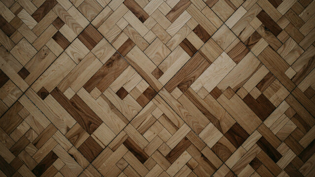Intricate wooden parquet flooring with mixed light and dark wood plank pattern.