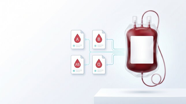 Blood bag donation concept with blood types A B AB O digital classification icons on light background
