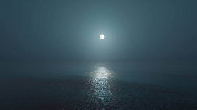 Full moon shining over calm dark ocean with bright water reflection