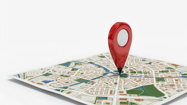 Red navigation pin marker placed on a folded paper map of a city street layout.