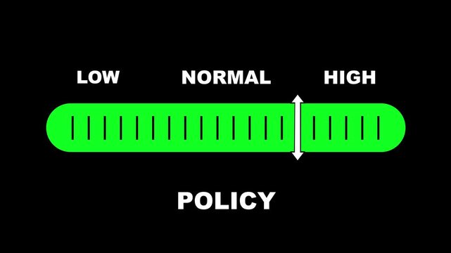 Policy level indicator scale. Low normal & high meter infographic animation on black background. Showing high policy level color gauge indicator for business governance and management analysis.