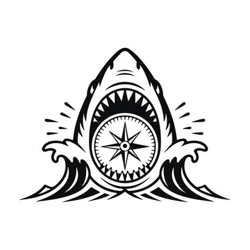 Shark with compass inside waves illustration