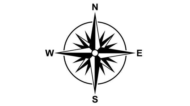 Minimalist black compass rose icon showing four cardinal directions on a crisp clean white background surface